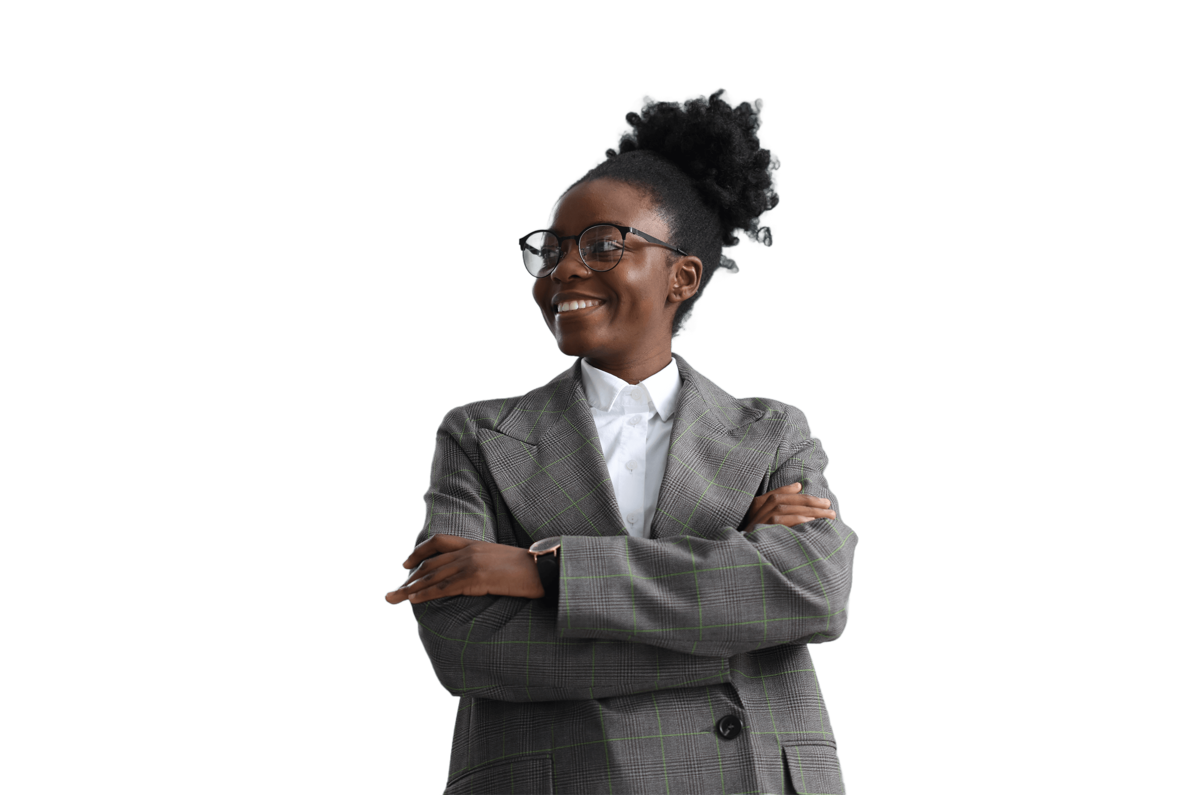 Professional woman in a plaid blazer smiling